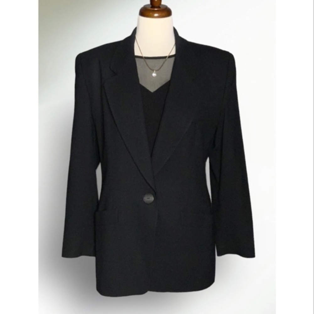Vintage ILGWU JH Collectibles Black Wool 1 Button Blazer Pockets Shoulder Pads 8